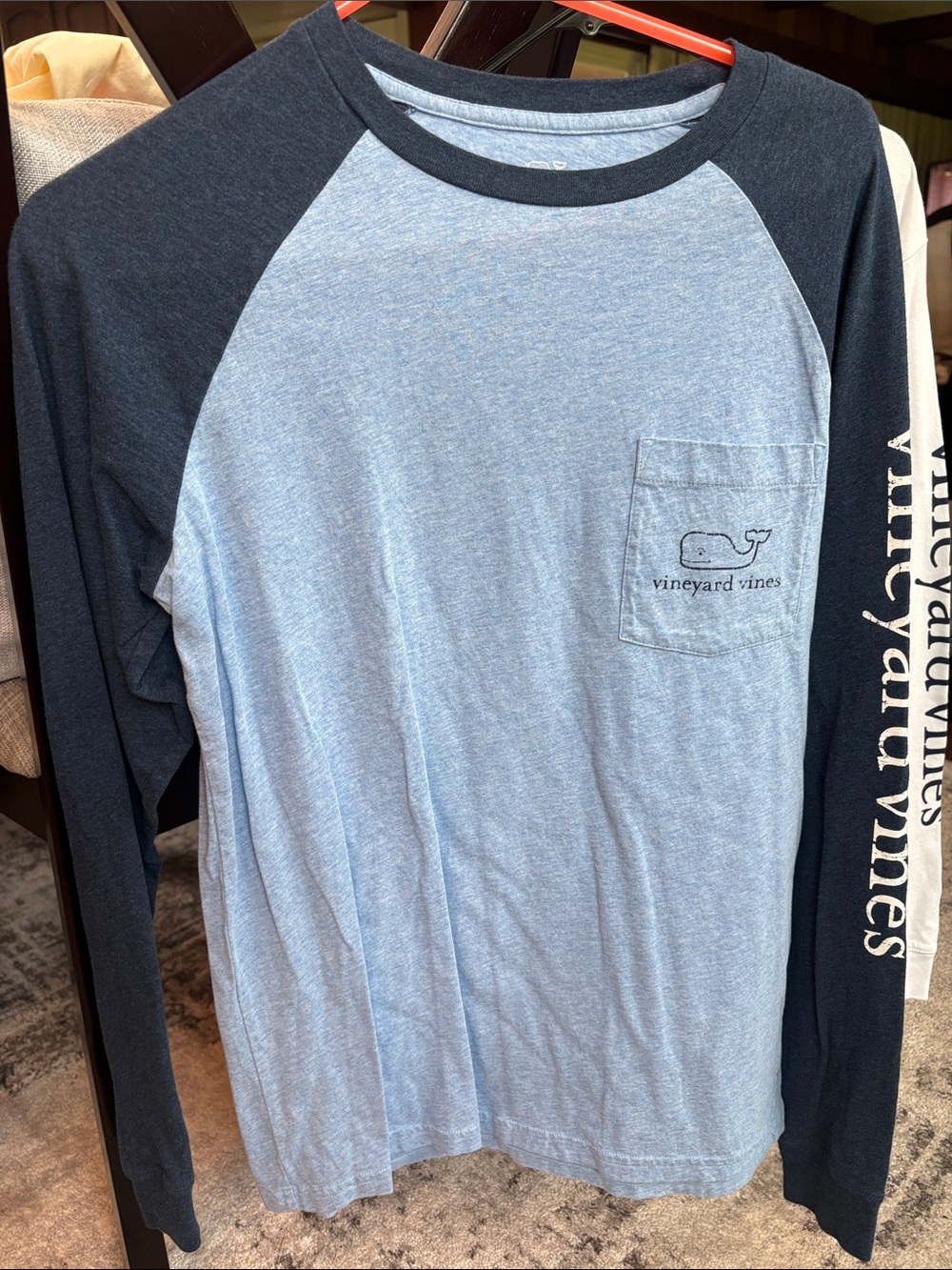 Vineyard Vines Light Blue & Navy Raglan Long-Sleeve Pocket Tee